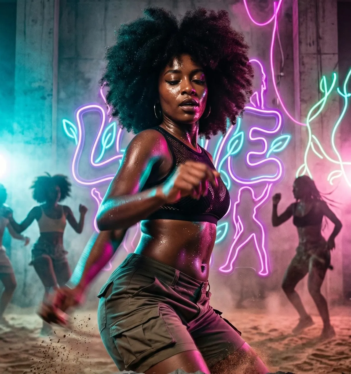 Chica afro bailando en una fiesta de I LOVE IT con luces de neón